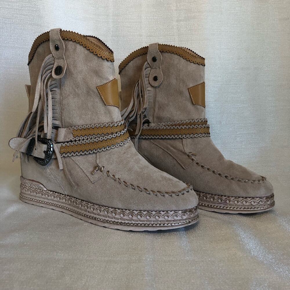 Jolimall Tan Fringe Suede Hidden Wedge Boots